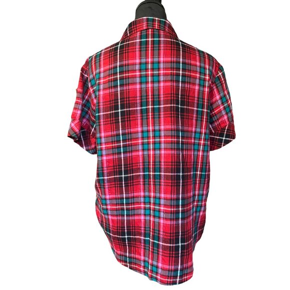 💖Victoria's Secret Red Plaid Button-Down Short Sleeve Shirt M Top - Picture 6 of 7